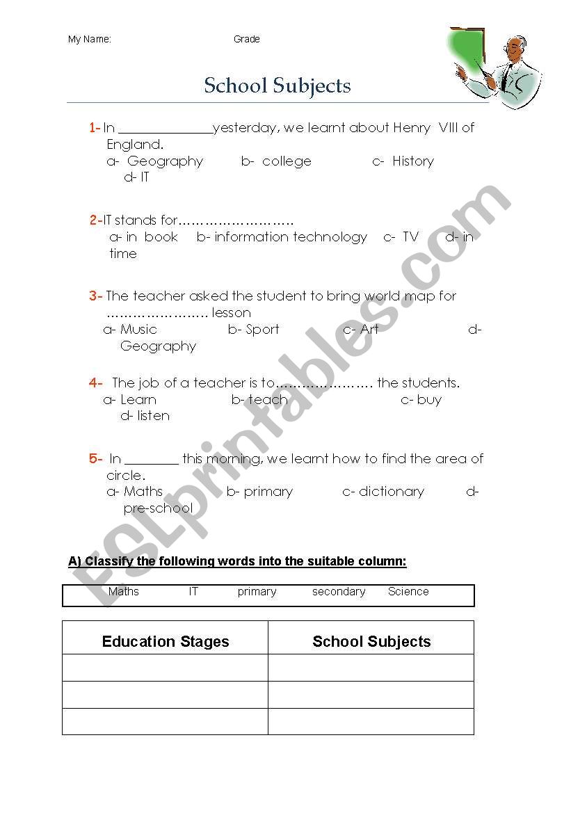School Subjects worksheet