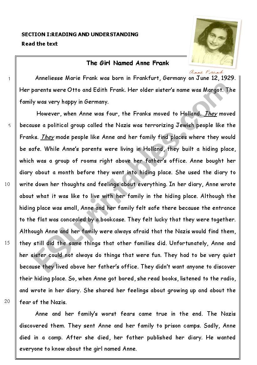 The story of Anne Frank (Reading Comprehension)