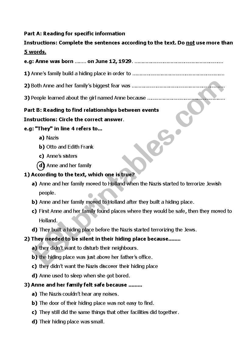 The story of Anne Frank (Reading Comprehension) - ESL worksheet by denizt