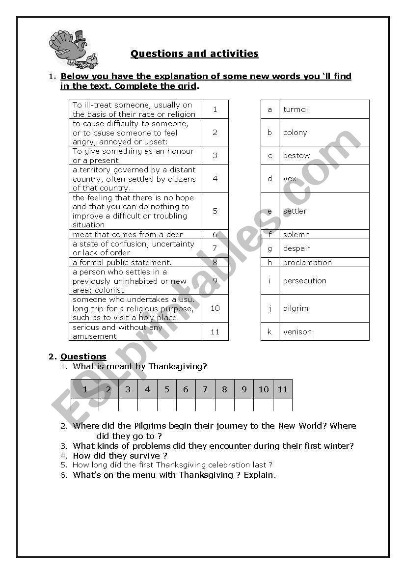 Thanksgiving - reading comprehension - part 2 of 3 (questions and activities)