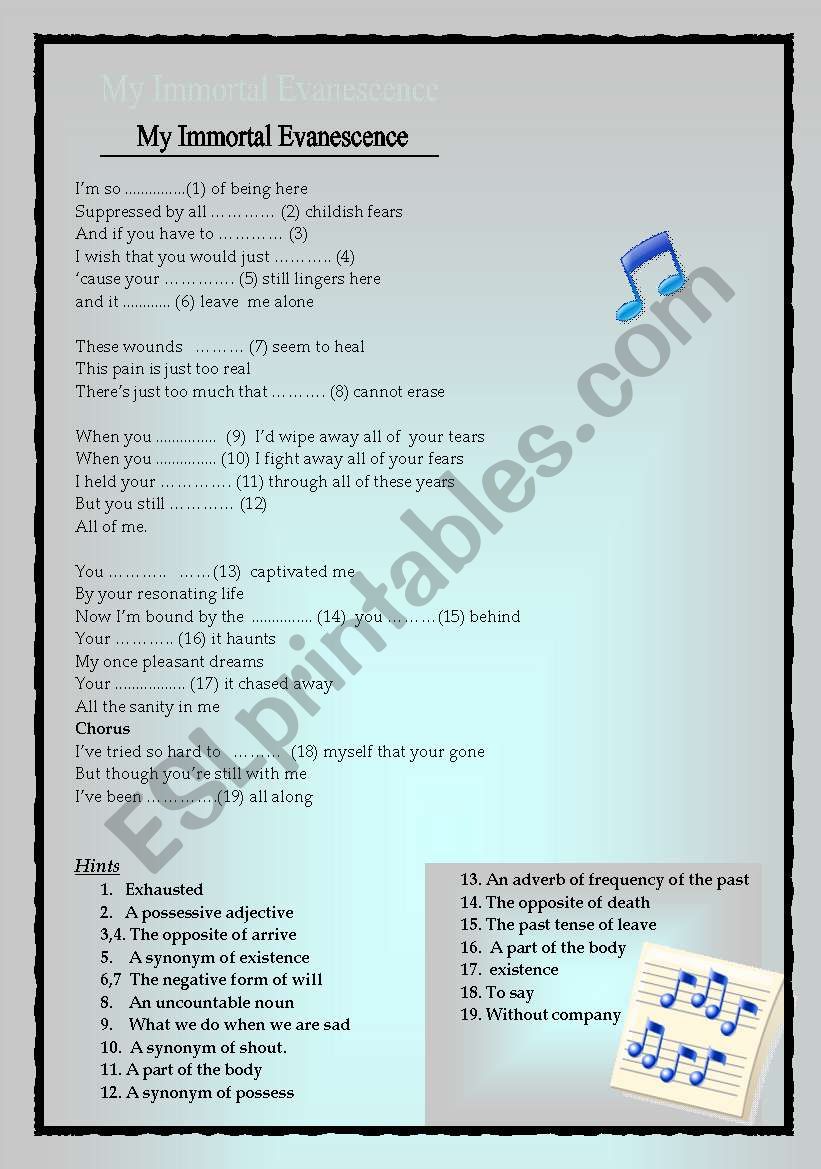 My Immortal by Evanescence worksheet