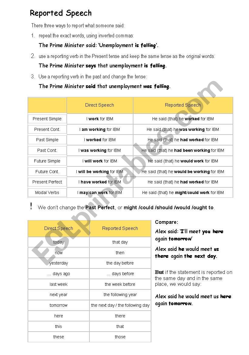 Statements in Reported Speech worksheet