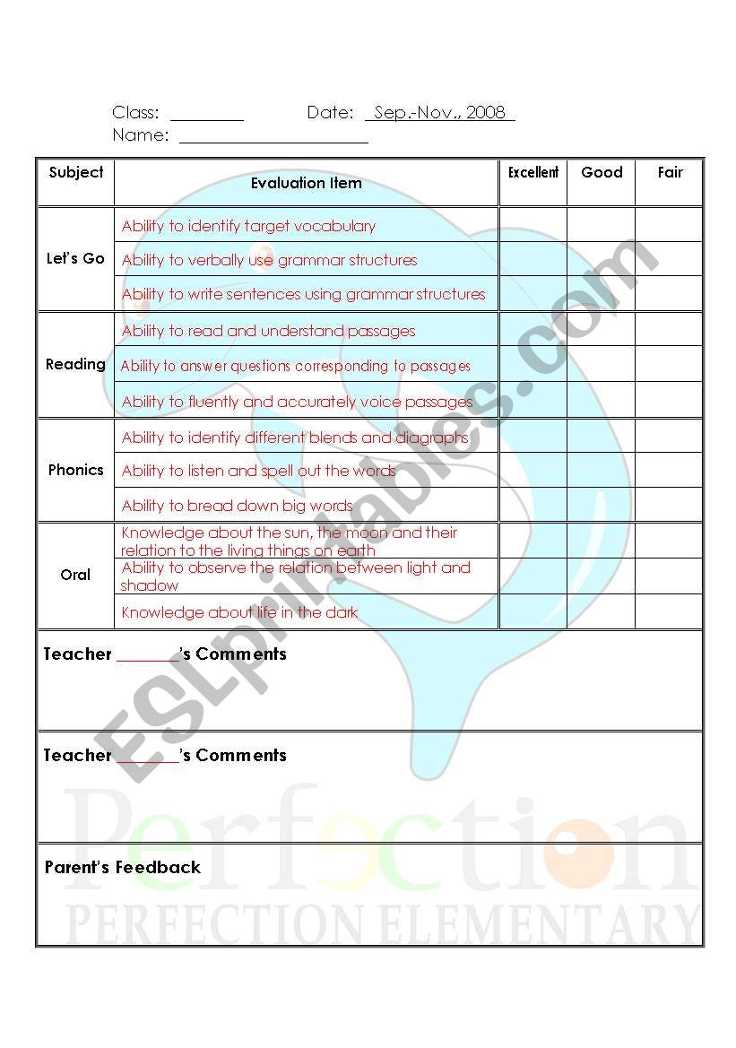  Evaluation for students worksheet