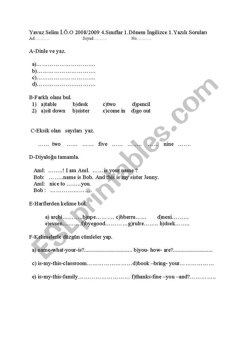 exam for elementary level worksheet