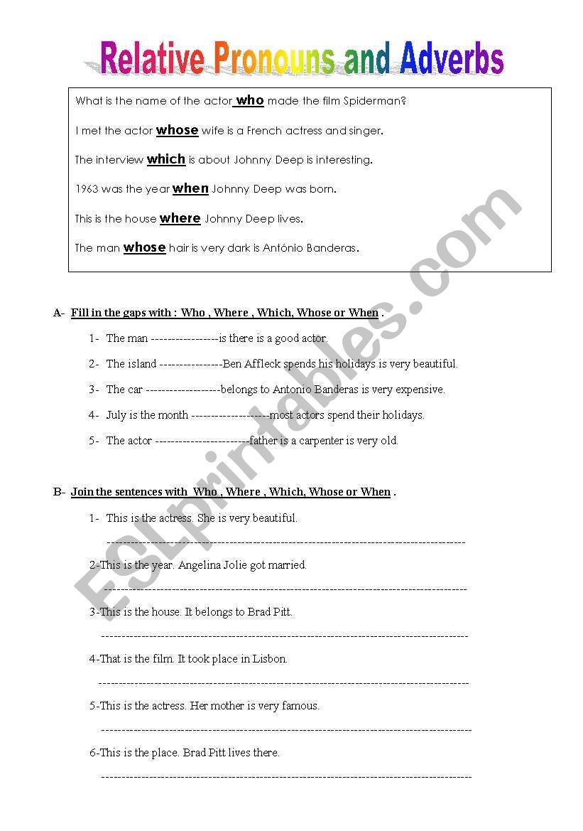 relative pronouns and adverbs worksheet