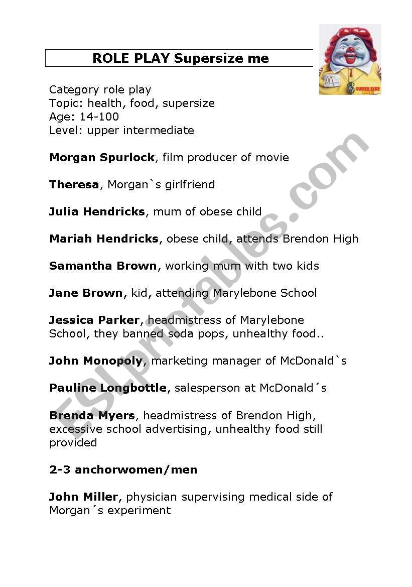 Role play Supersize Me - ESL worksheet by Teubenbacher For Super Size Me Video Worksheet