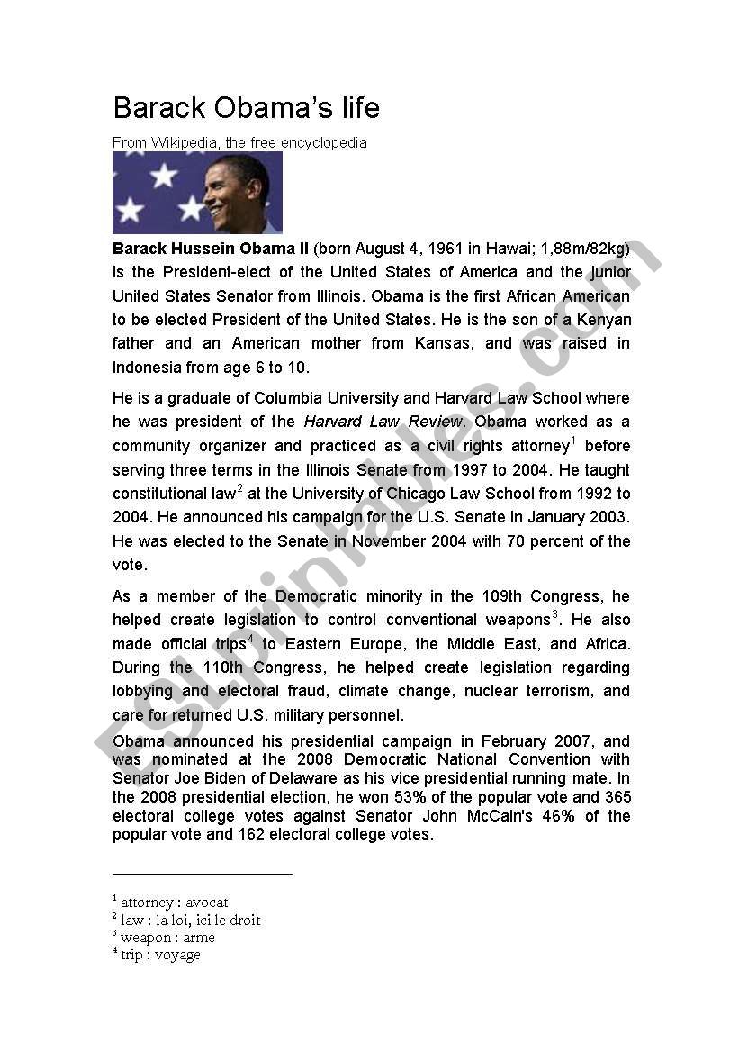 BARACK OBAMAÂ´S LIFE  worksheet