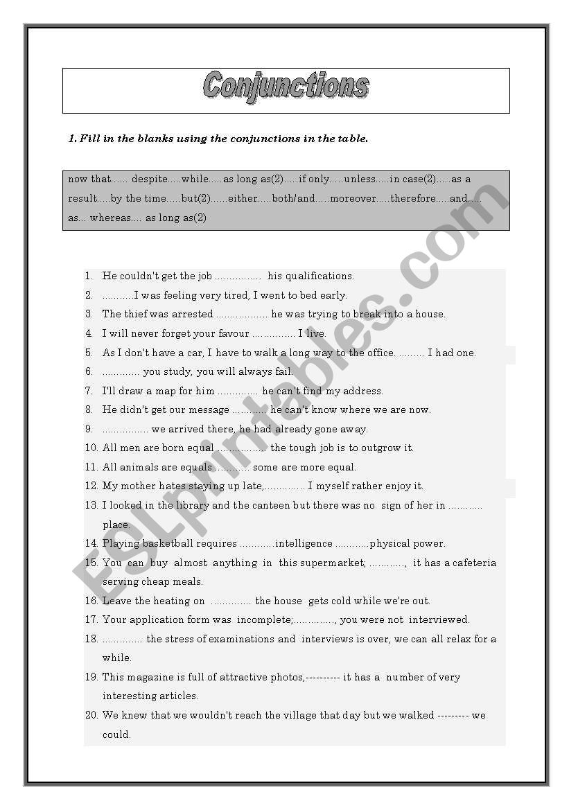 conjunctions worksheet worksheet