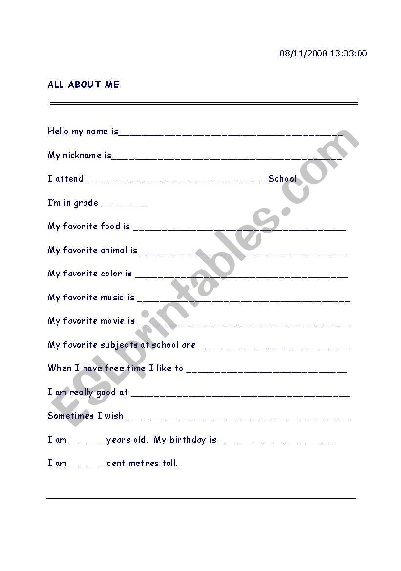 All About Me worksheet