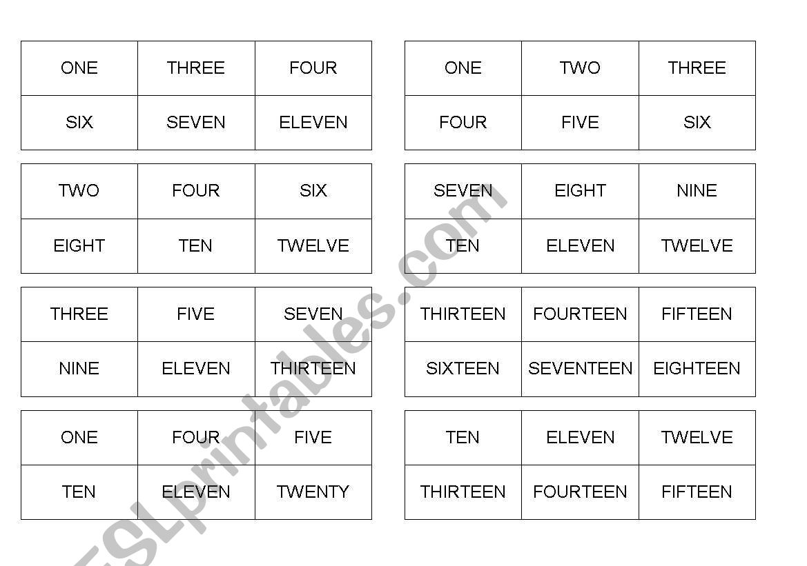 NUMBERS BINGO (FROM 1 TO TWENTY) NAME