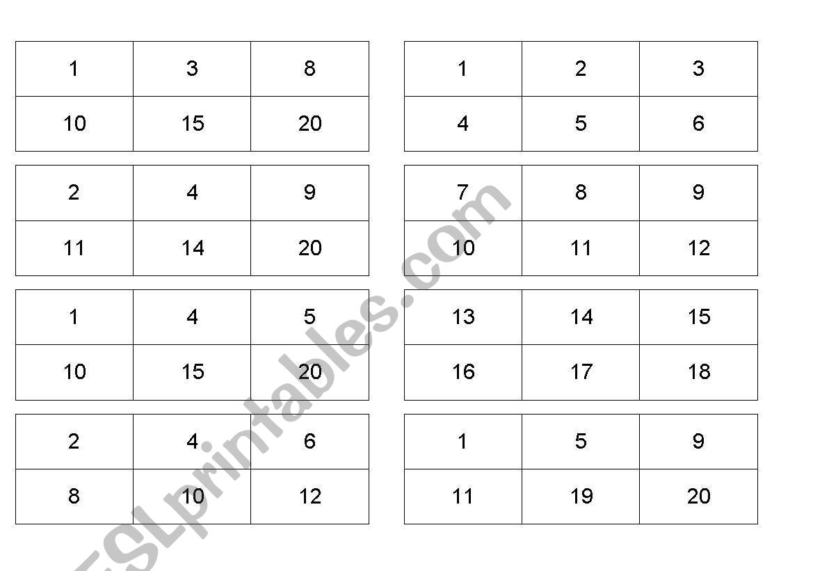 BINGO NUMBERS (FROM 1 TO 20) NUMBERS