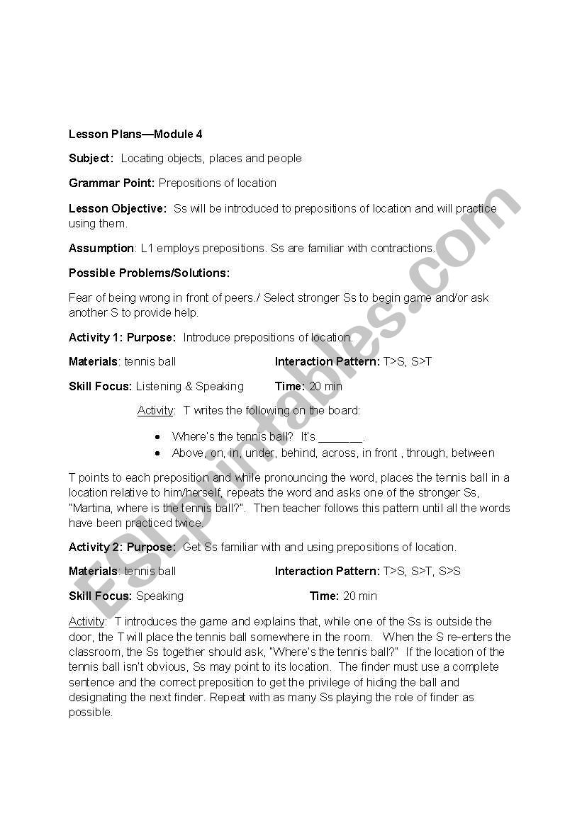 Prepositions of Location worksheet