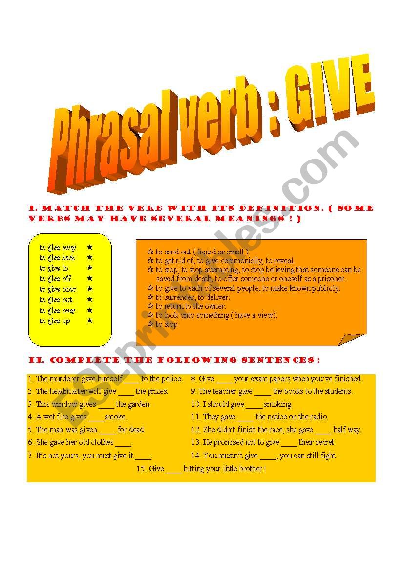 Phrasal Verb GIVE ESL Worksheet By Maurice
