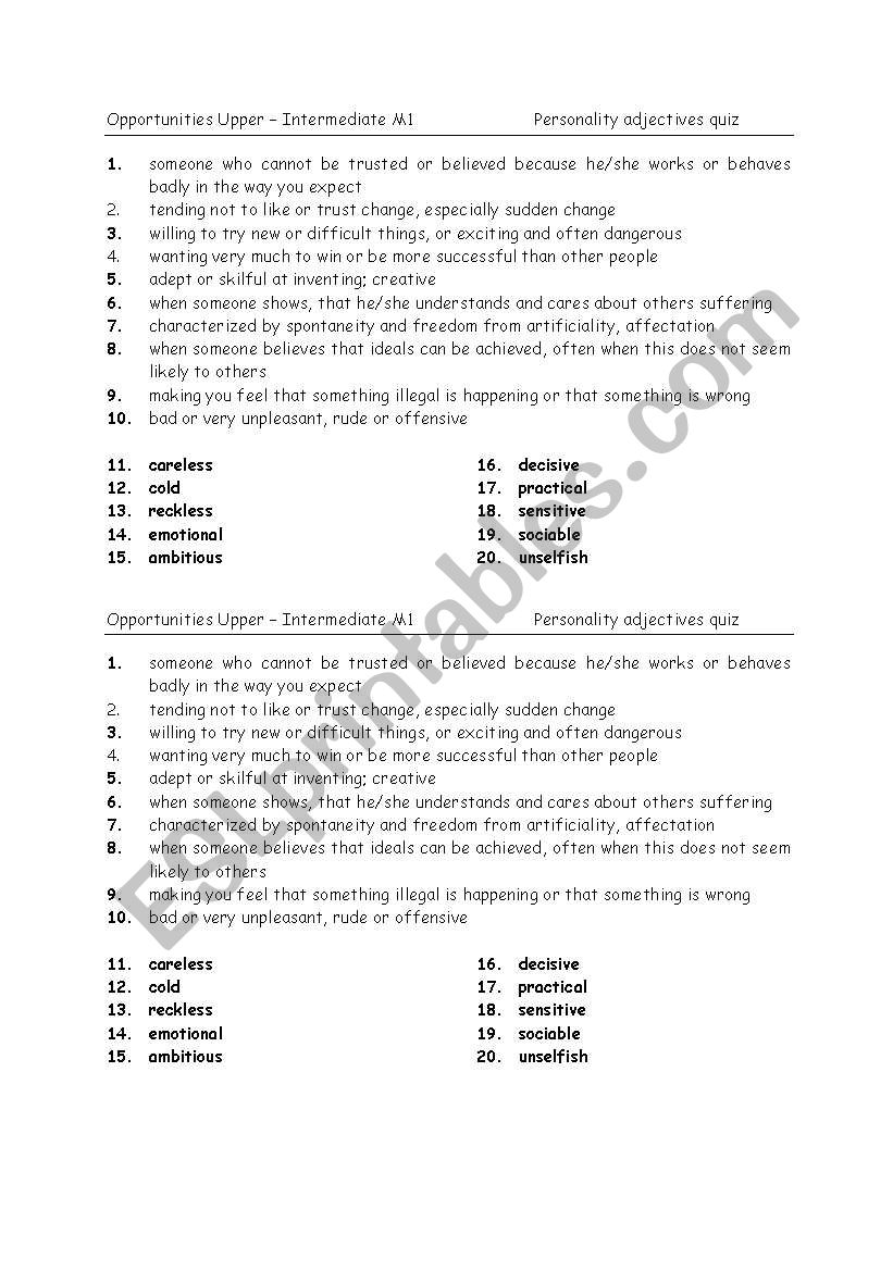 Personality adjectives quiz worksheet