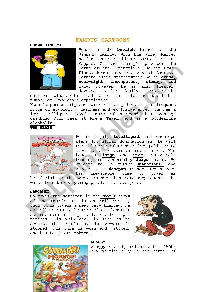 FAMOUS CARTOONS READING worksheet