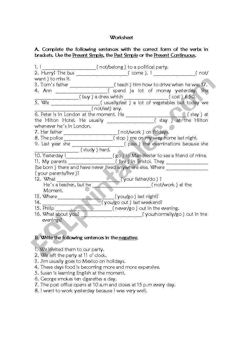 Verb tenses worksheet