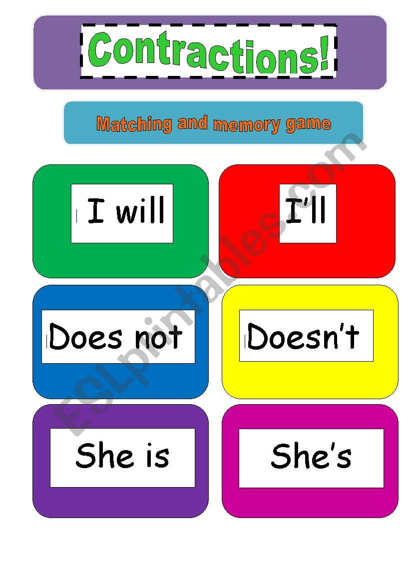 Contractions : memory and matching cards