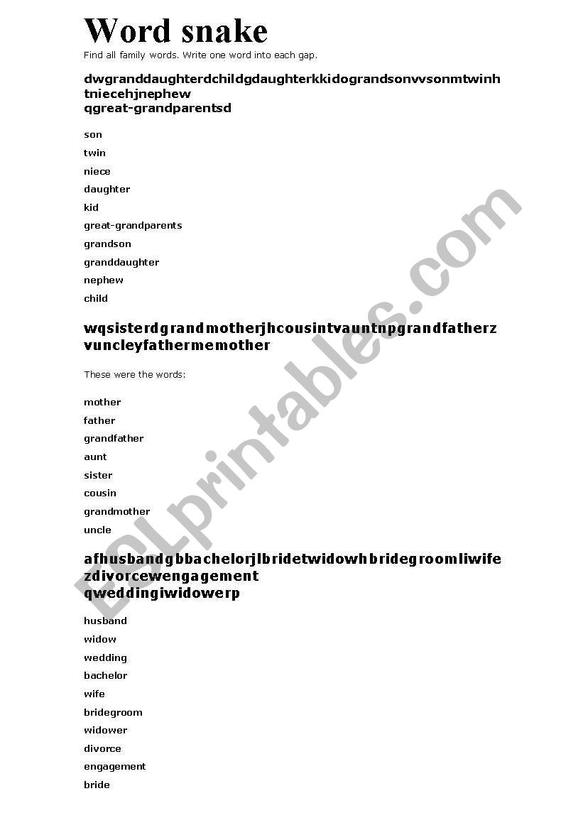 WORD SNAKE !  worksheet