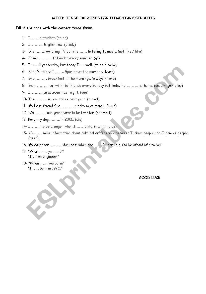 Mixed tense exercise worksheet