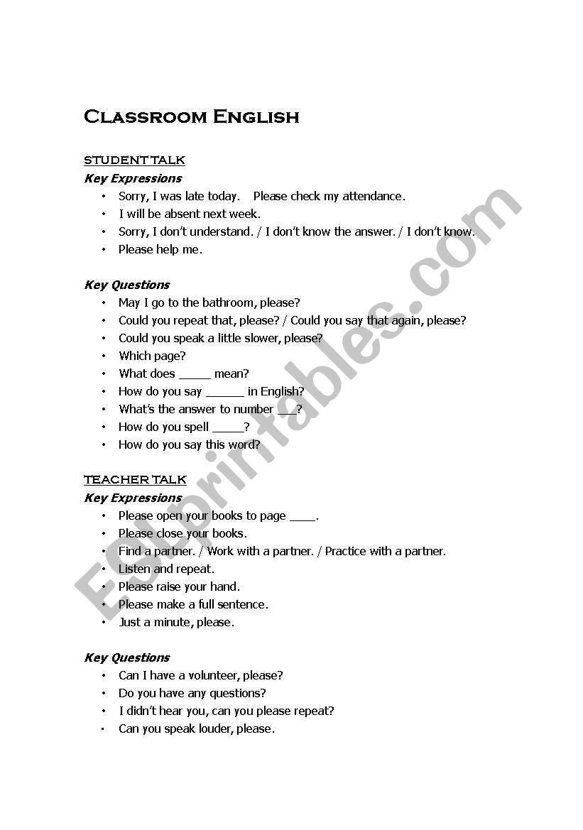 Classroom English worksheet