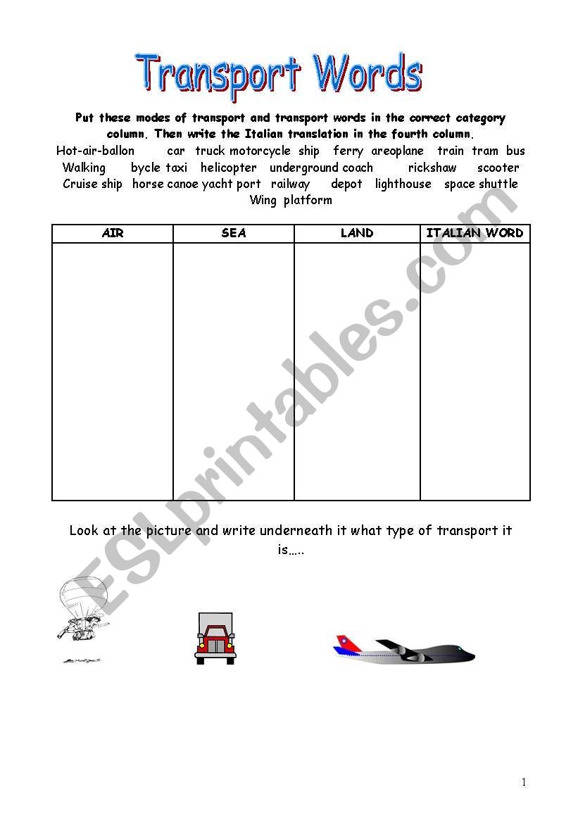 Transport Words worksheet