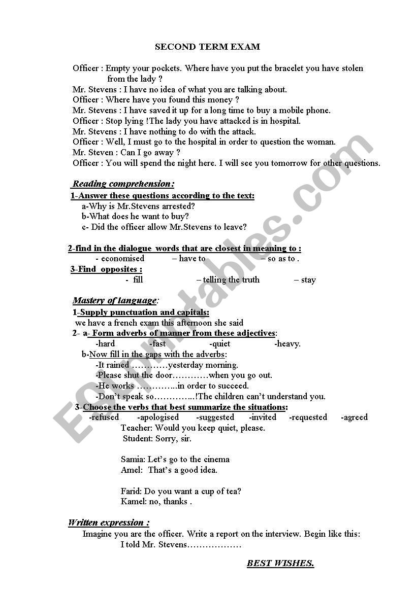 Reported speech -test worksheet