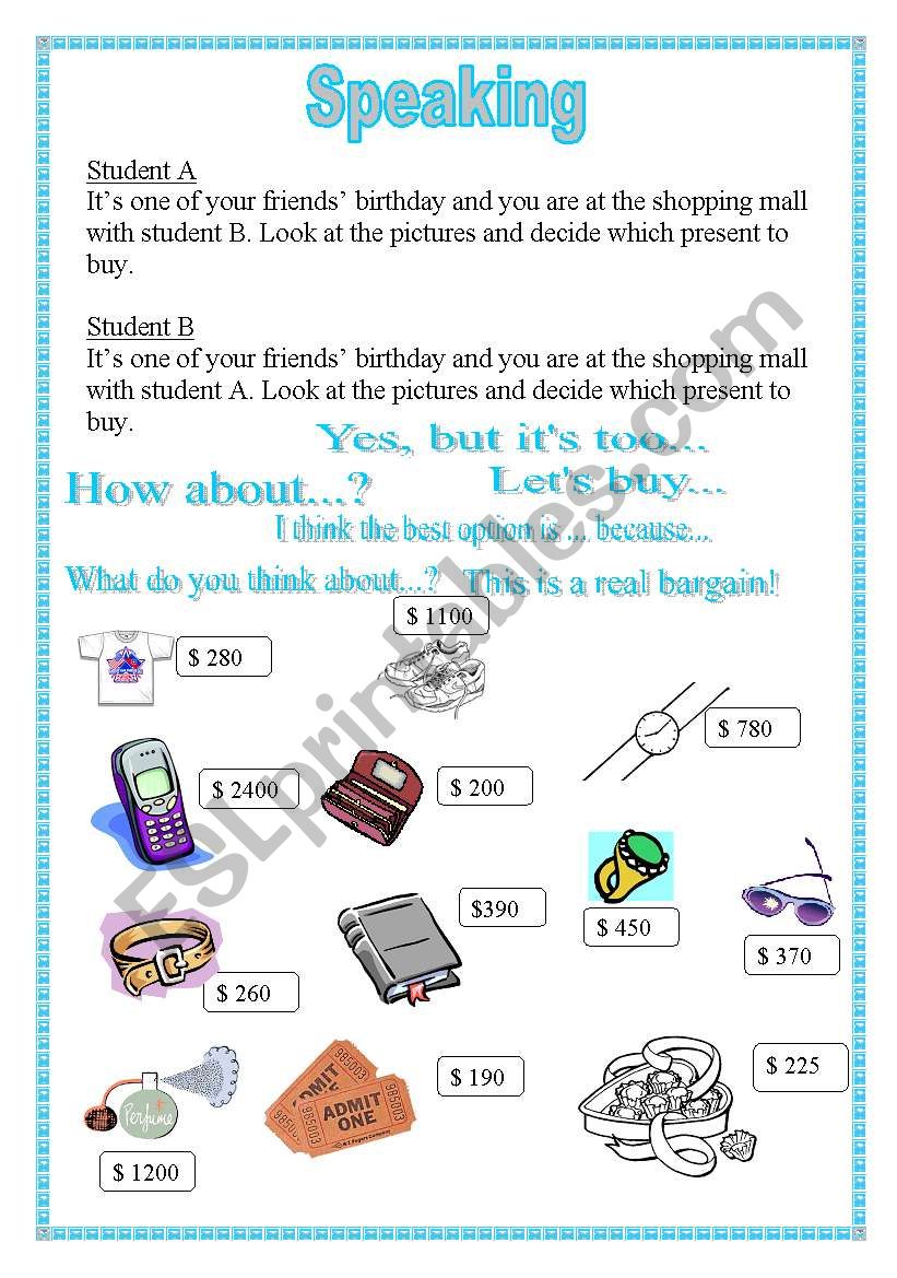 Speaking worksheet - Choosing a present