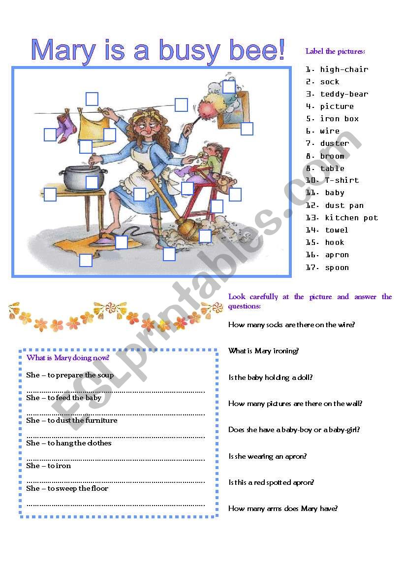 MARY IS A BUSY BEE. worksheet