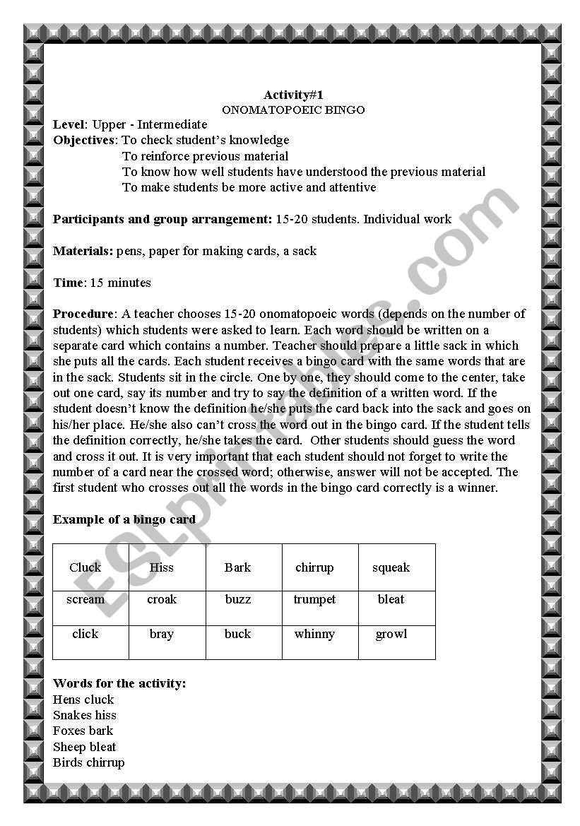 Activities for onomatopoeia topic