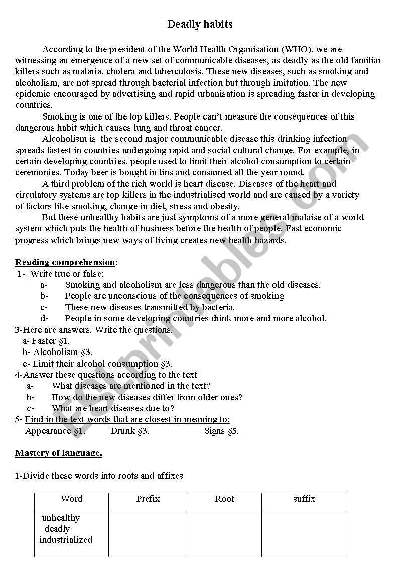 Deadly Habits worksheet