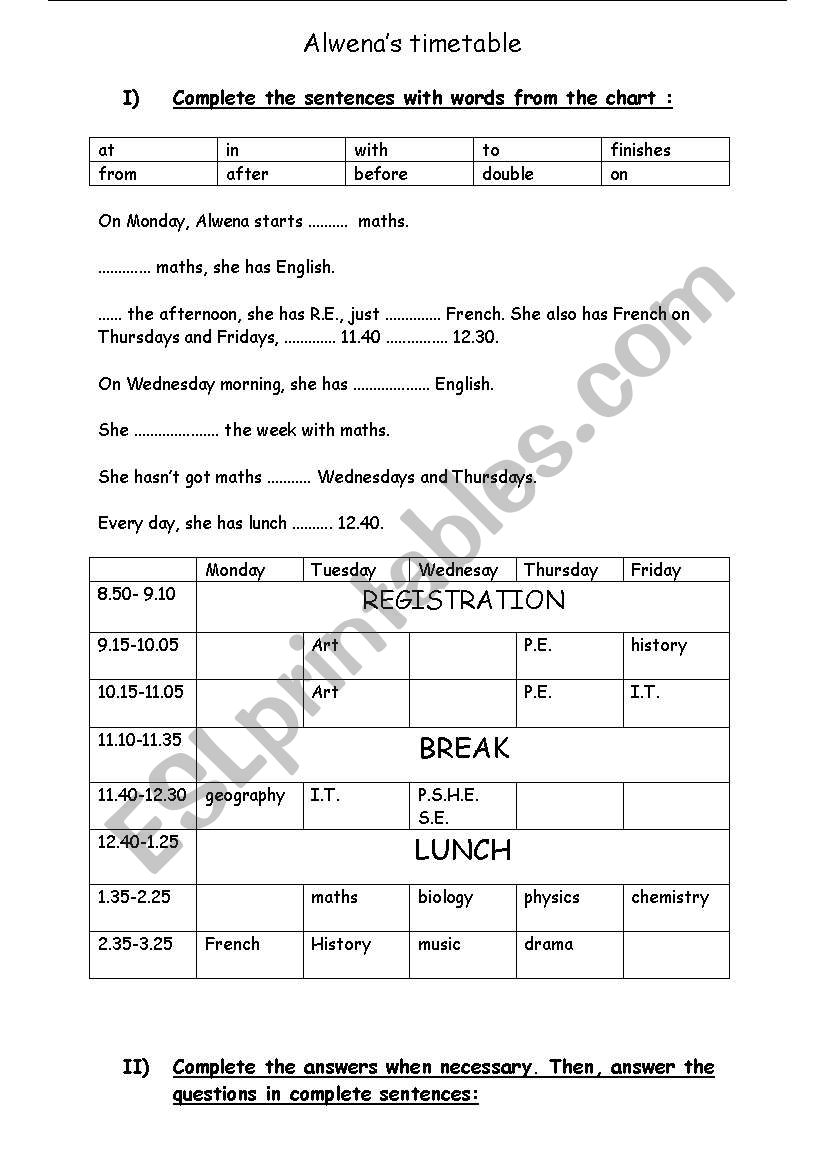 Reading / A timetable worksheet