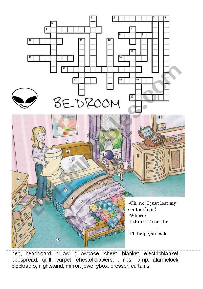 bedroom vocabulary crossword worksheet