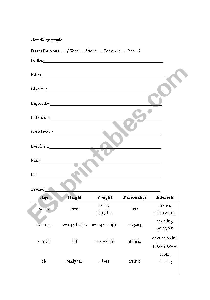 Describing people worksheet