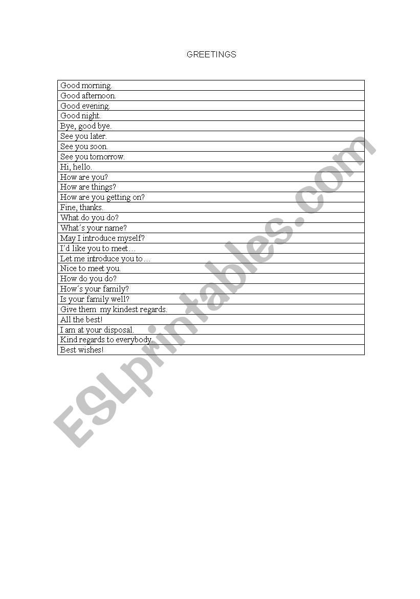 Greetings worksheet