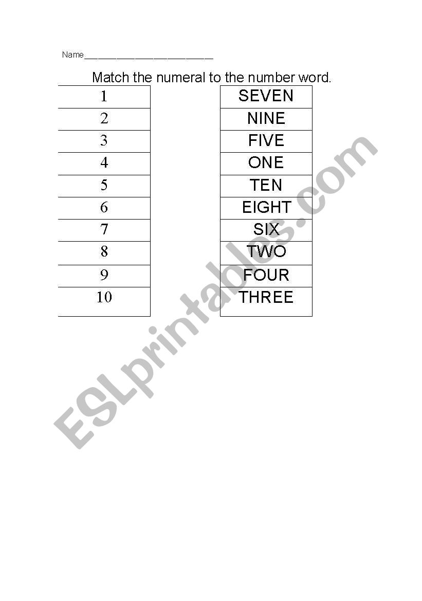 Numeral/ Number word Matching worksheet