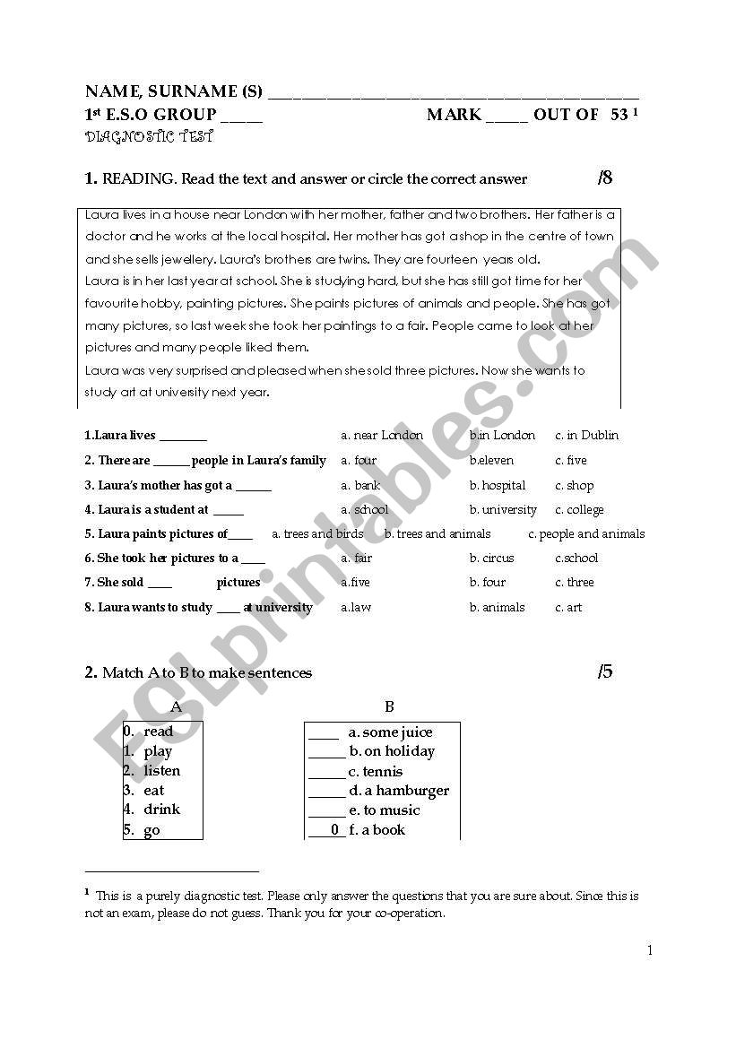 DIAGNOSTIC TEST worksheet