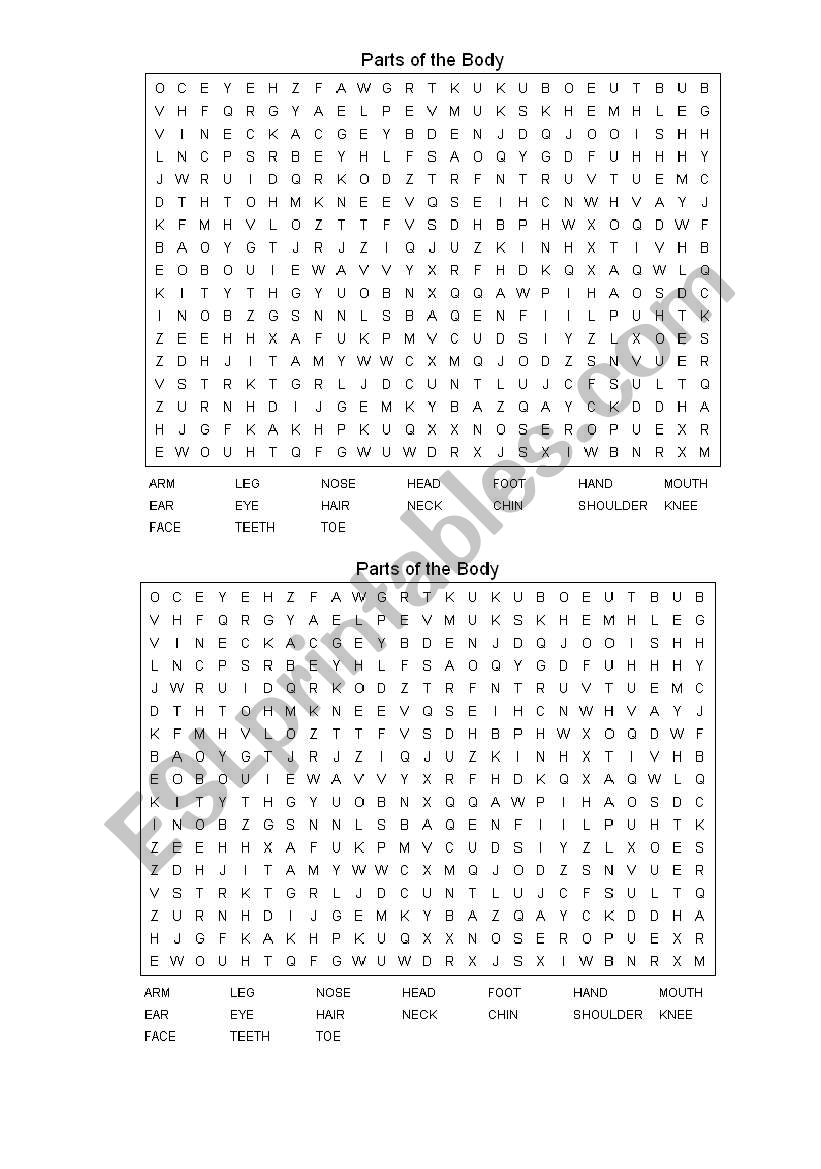 Parts of the body wordsearch worksheet