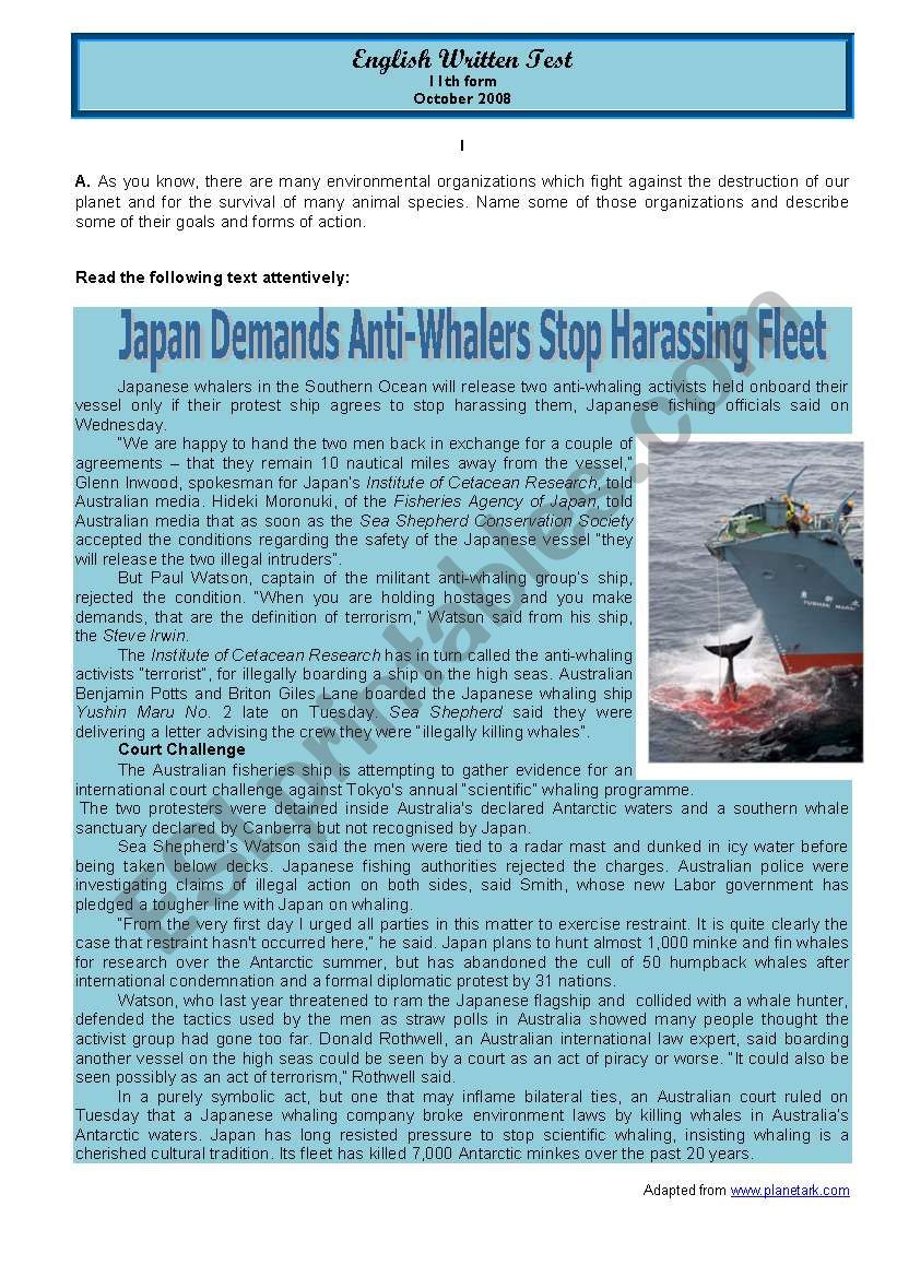 Test Whale hunting in Japan worksheet