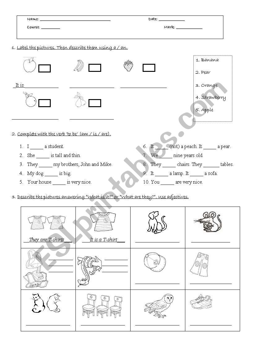 Test a/an, What is it?, its, verb to be, vocabulary