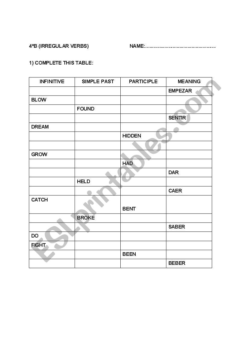 IRREGULAR VERBS TEST  (A-L) worksheet