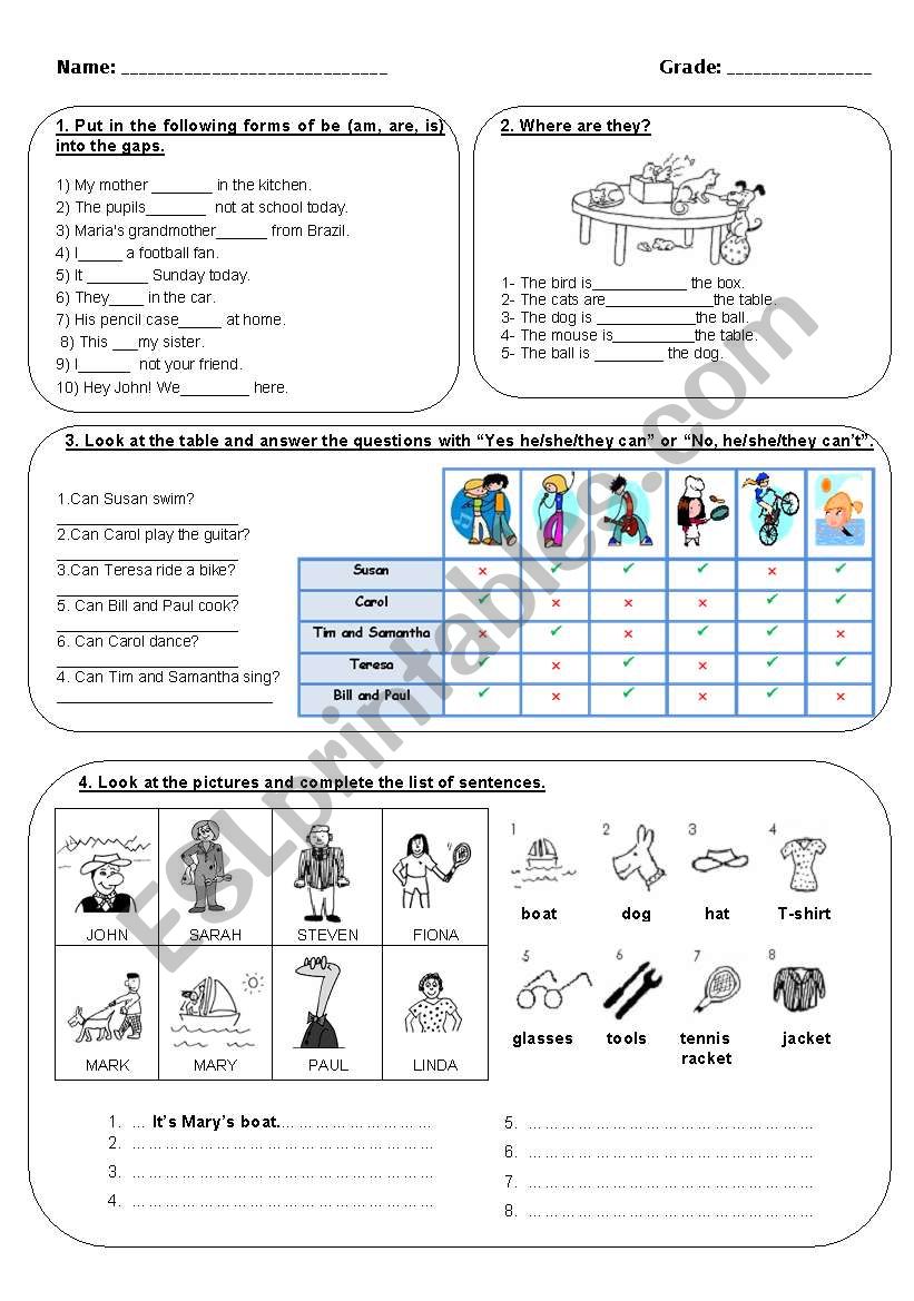 Test. Can, verb to be, possessive case, objects