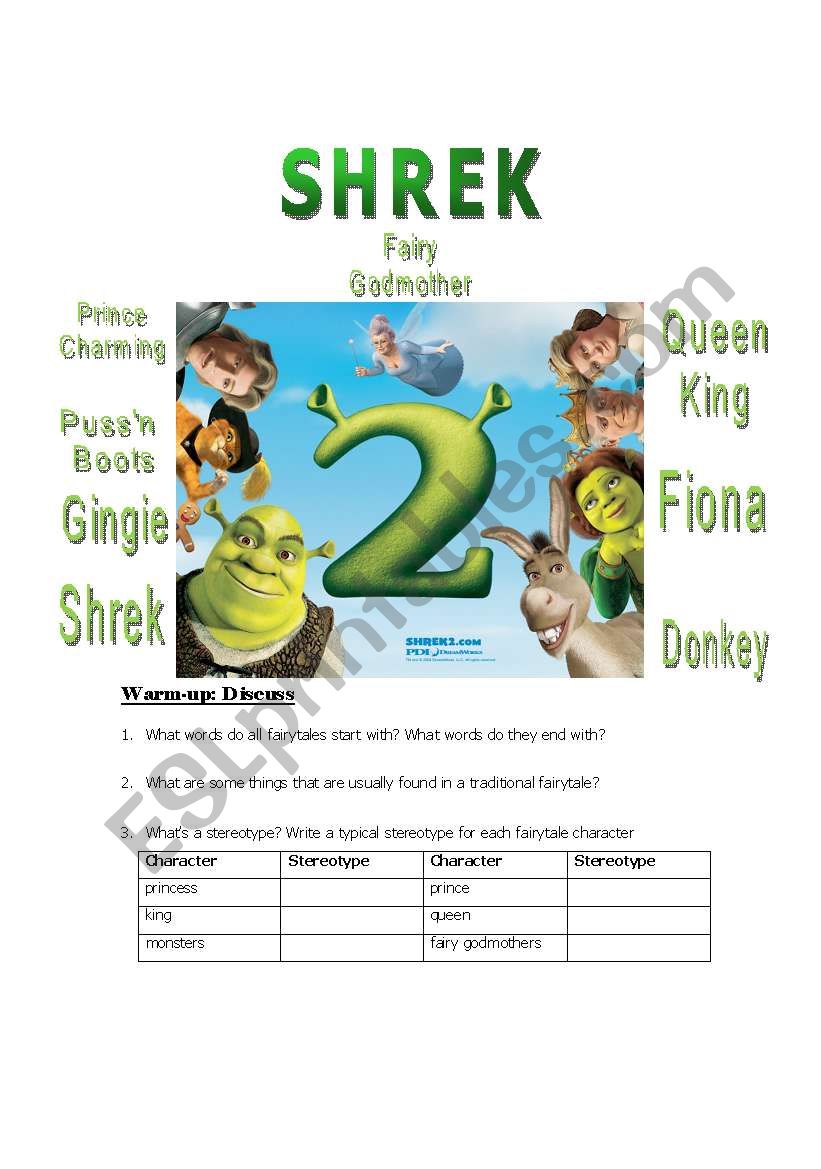 Shrek 2 Pre-Viewing Worksheet worksheet