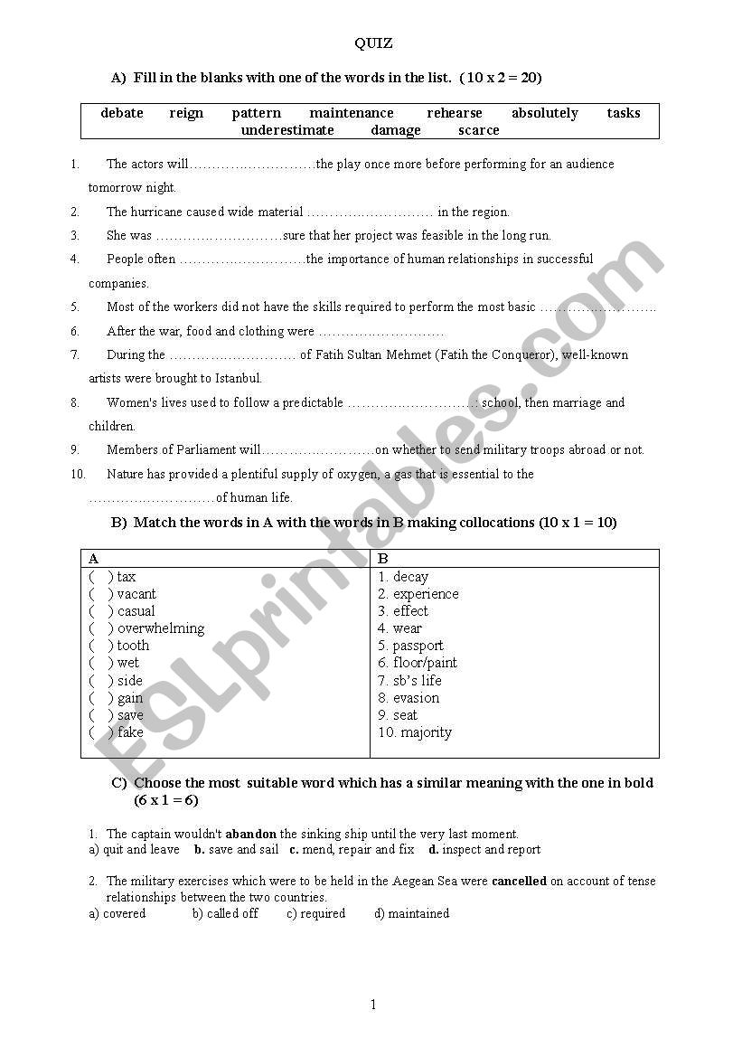 vocabulary quiz worksheet