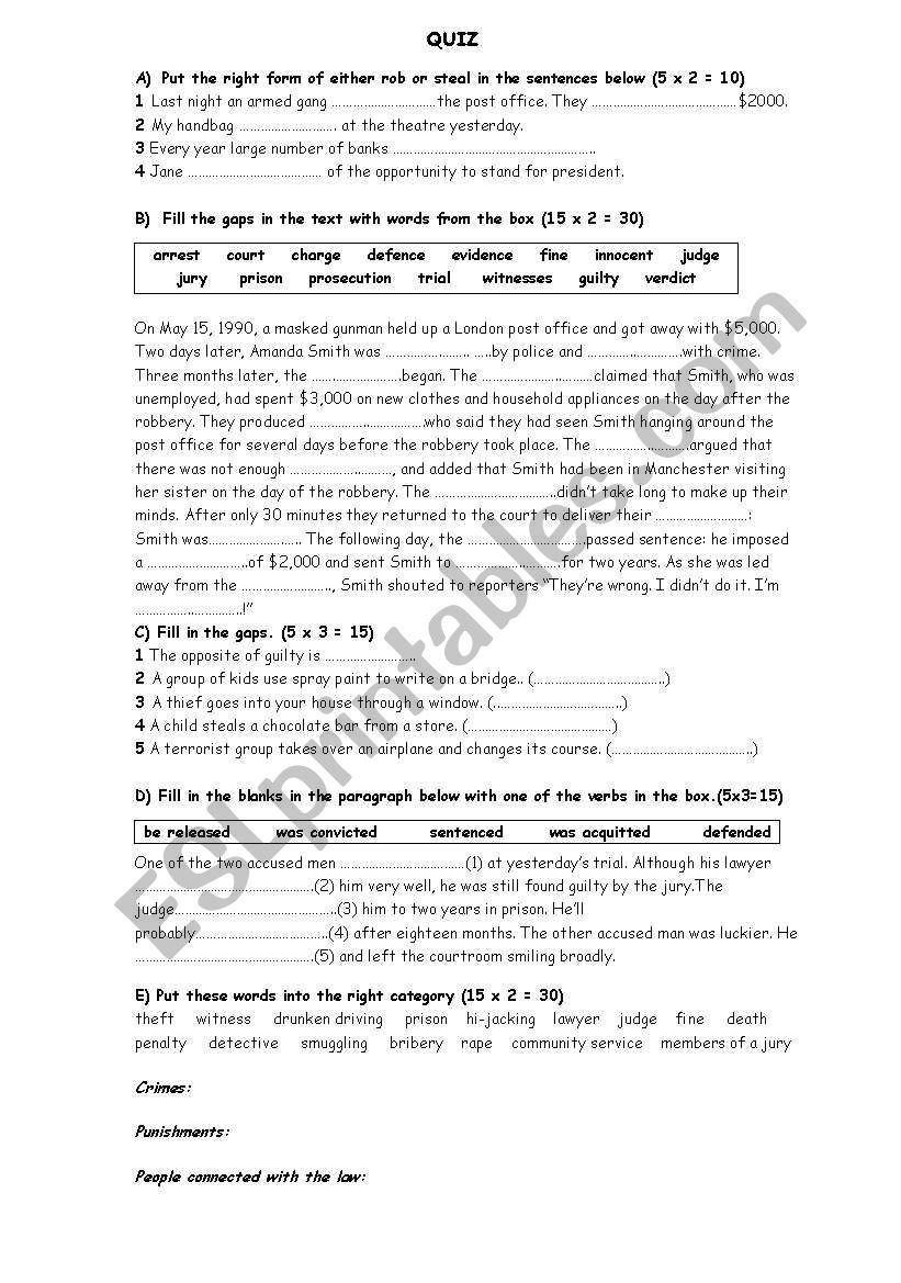 a quiz on crime  worksheet