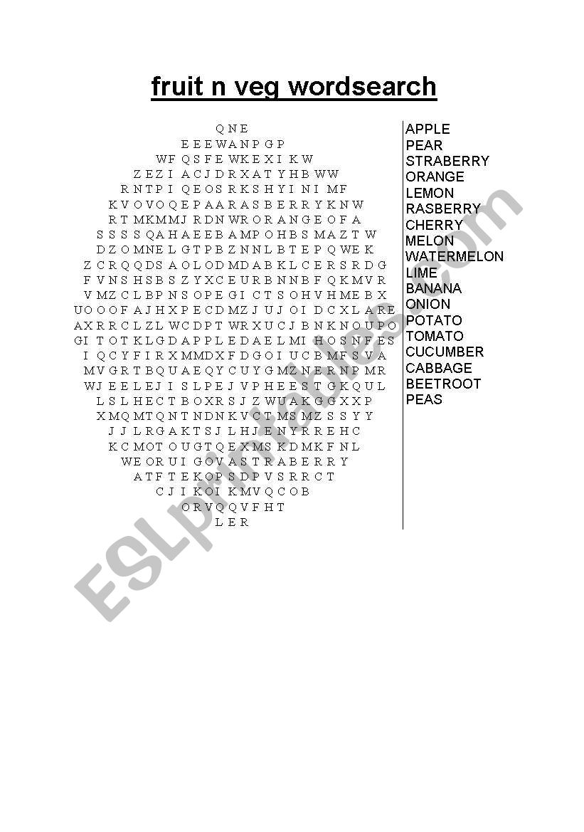 friut n veg wordsearch worksheet