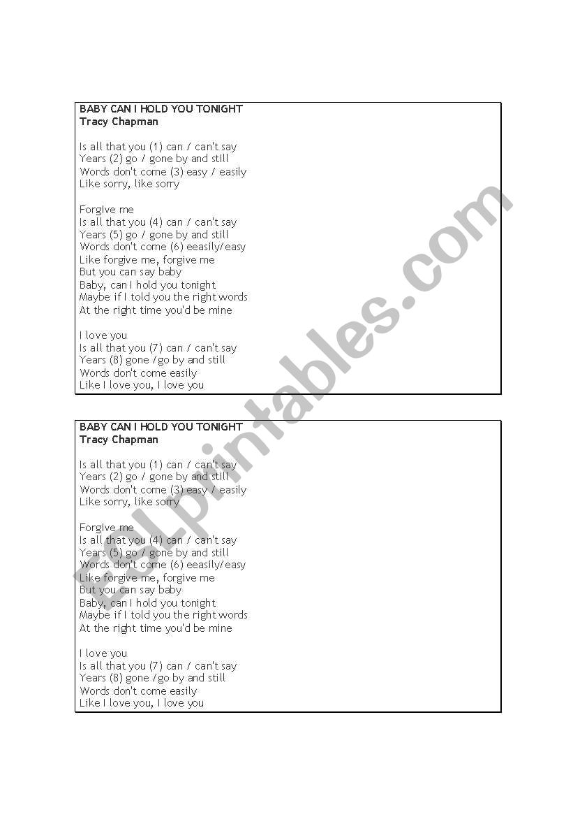 Baby  can I hold you tonight  worksheet