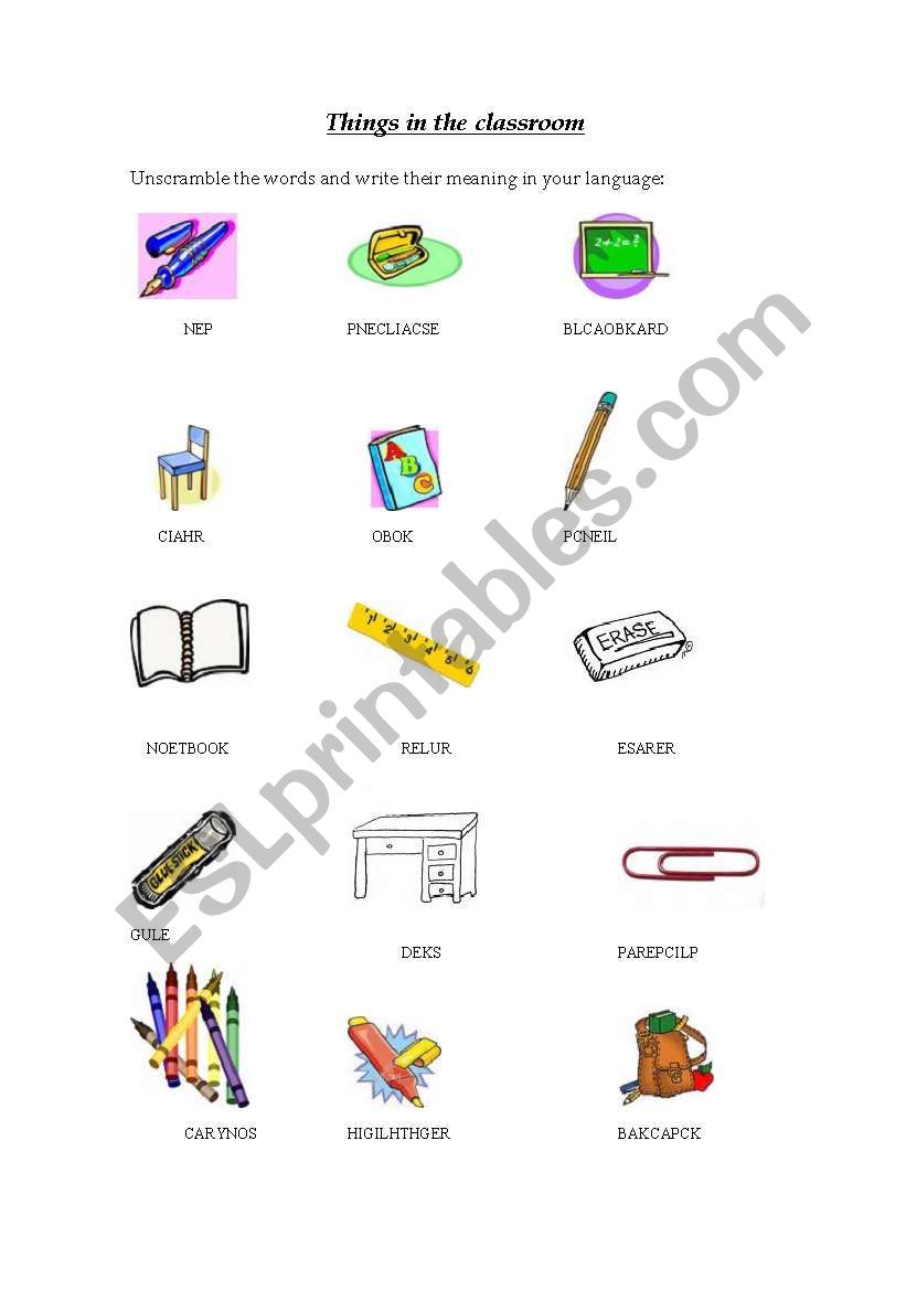 Things in the classroom worksheet
