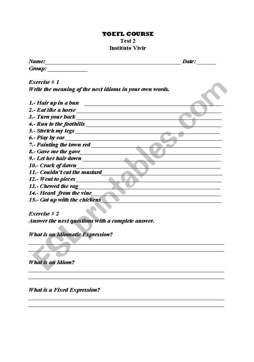 toefl exam worksheet