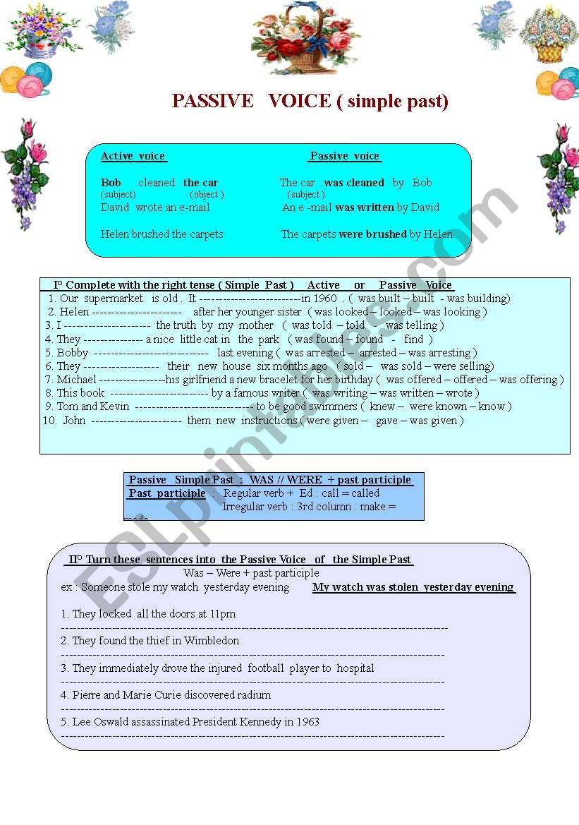 Passive Voice : Simple Past and its 8 different exercises 