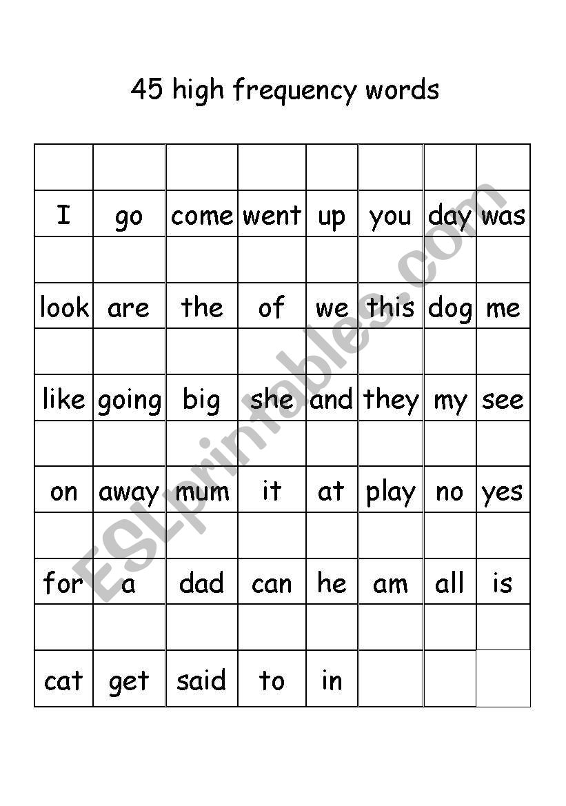 45 high frequency words worksheet